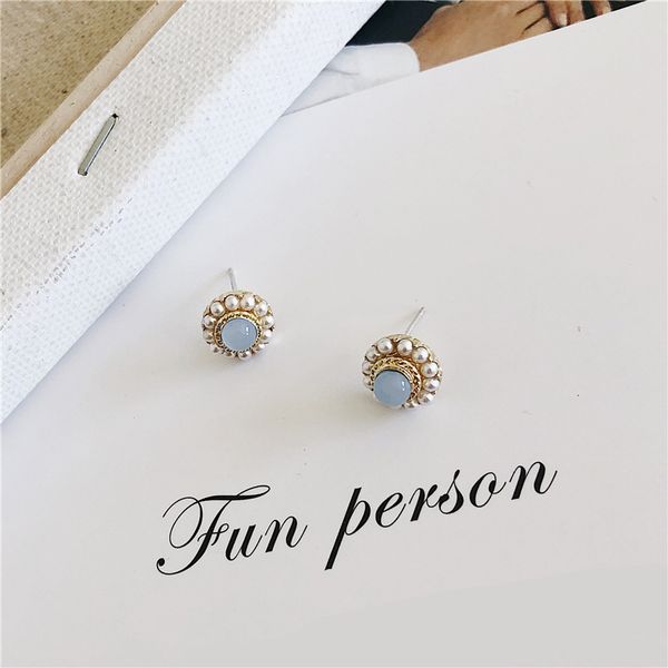 

earring piercing earrings charms women stud round fashion womans wedding girl korean blue artificial pearl vintage alloy brincos, Golden;silver