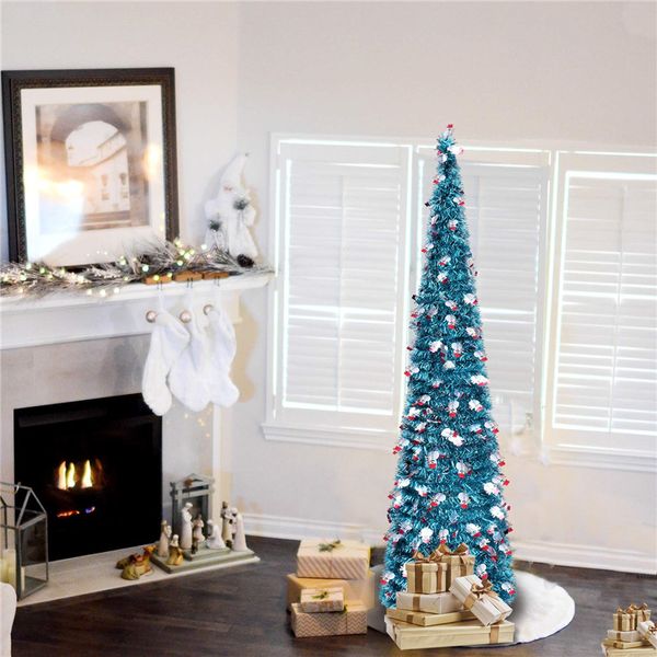 

1.5m christmas blue with snowman sequins tinsel up trees reusable artificial pencil tree shiny indoor for home decorations