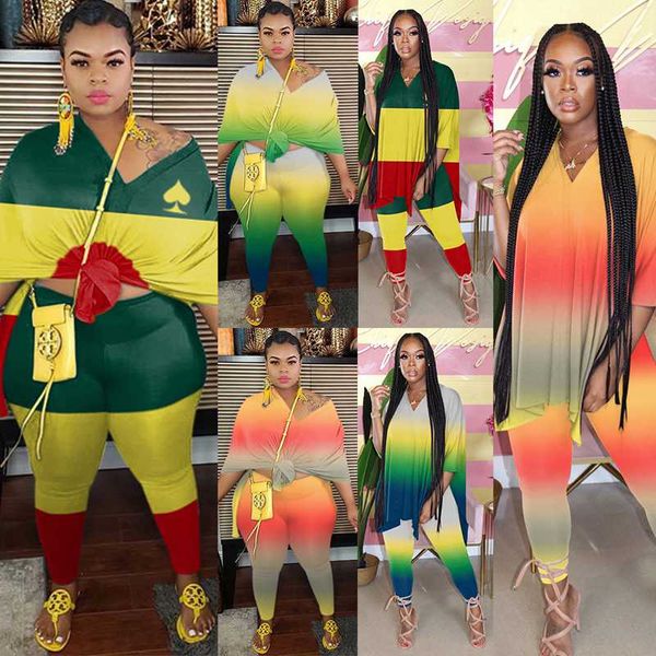 

two piece set women fall clothing gradient print loose v neck sweatpants plus size 2pcs joggers matching tracksuit outfit, Gray