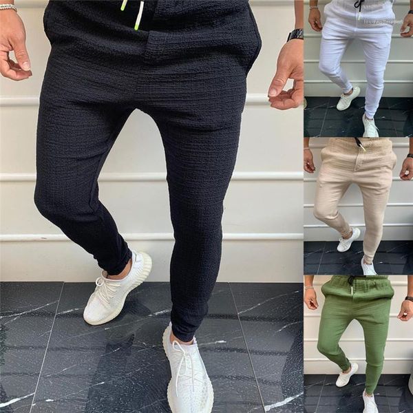 

casual drawstring elastic waist slim long trousers pants new homme pantalon mens solid color pencil pants, Black