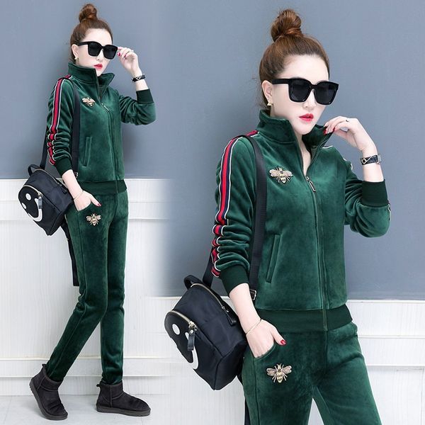 

winter thick velour women sport suit warm tracksuits zip up jacket coat sweatshirt+pant casual jogger running outfits sportswear, Black;white