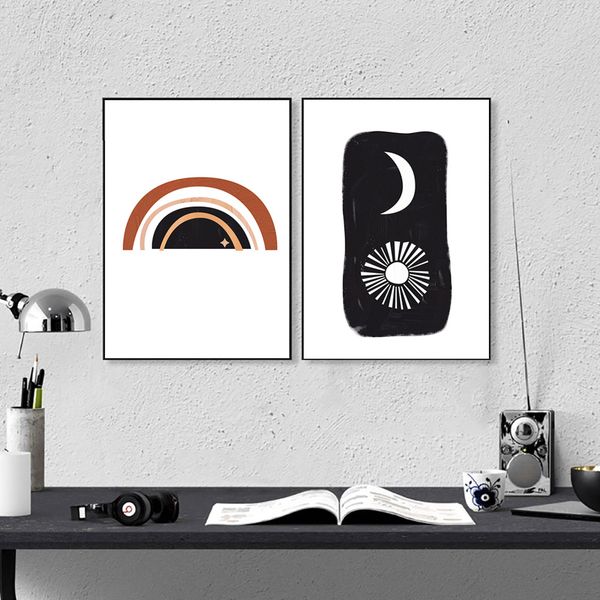 

abstract rainbow canvas art poster black and white sun moon print boho poster minimalist painting picture living room home decor