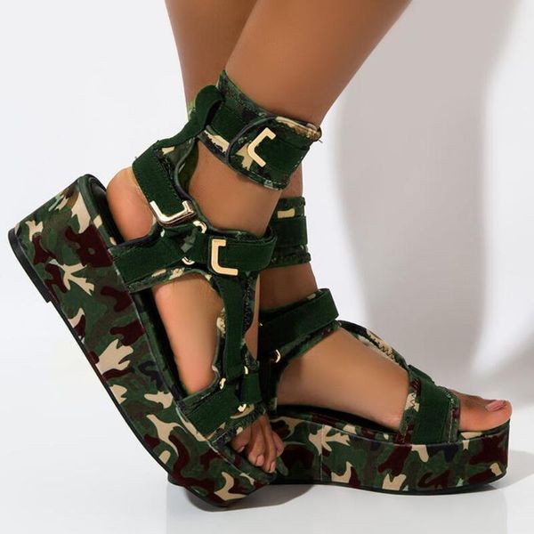 

sagace sandals ladies platform roman sandals womens cloth open toe ankel strap hook&loop camouflage print flats beach shoes jun1, Black