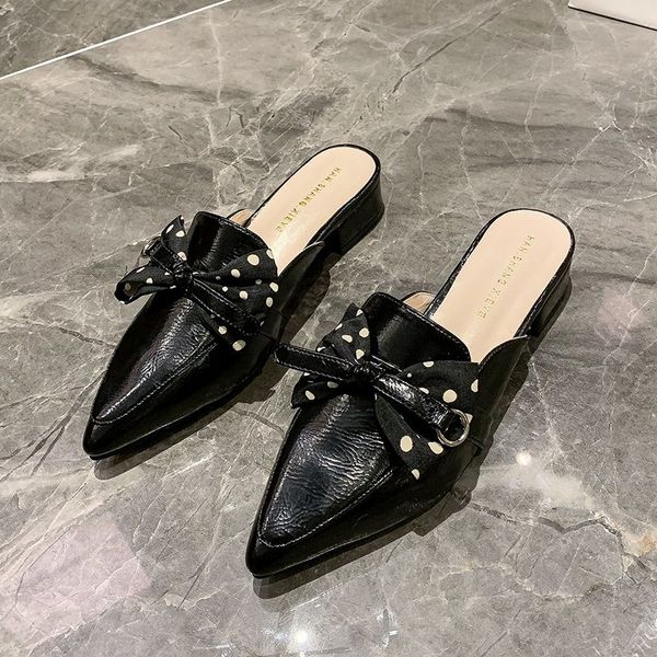 

women slippers thick heeled closed toes half slippers female 2020 new autumn bow knot polka dot muller shoes outer wear sandals, Black