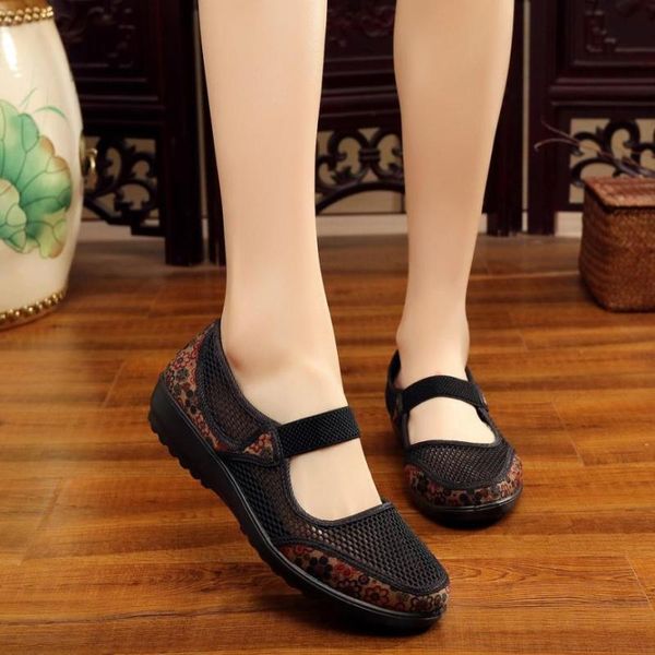 

women's net shoes flat heel breathable hole mesh casual national style shoes women slip-on design outdoor flat soft, Black
