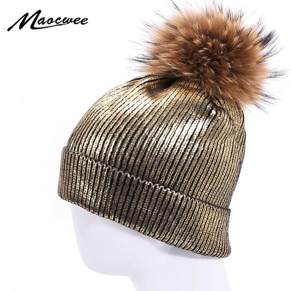 

beanie/skull caps winter warm knitted metallic shiny beanie hat with real fur pompon girl soft crochet cute cap windproof solid women hats, Blue;gray