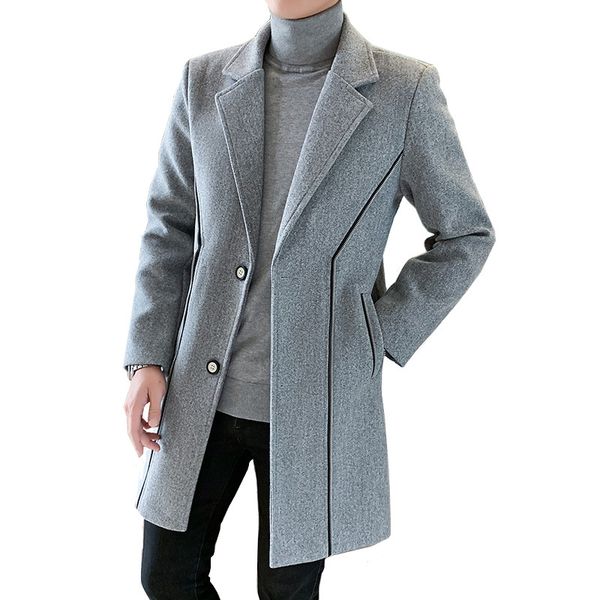 

woolen coat long section winter men's thick blended coat fashion zipper design lapel korean version of the slim thick wool, Black