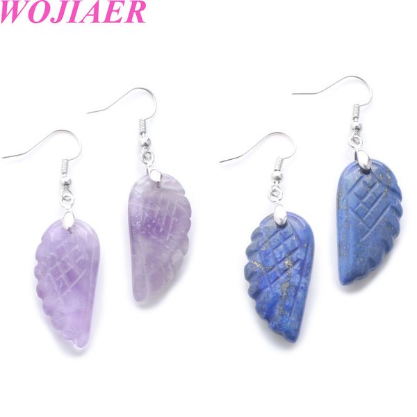 

wojiaer 6 pair angel wing drop earrings natural gem stone purple crystal opal fluorite jewelry women dangle earrings dbw914, Silver