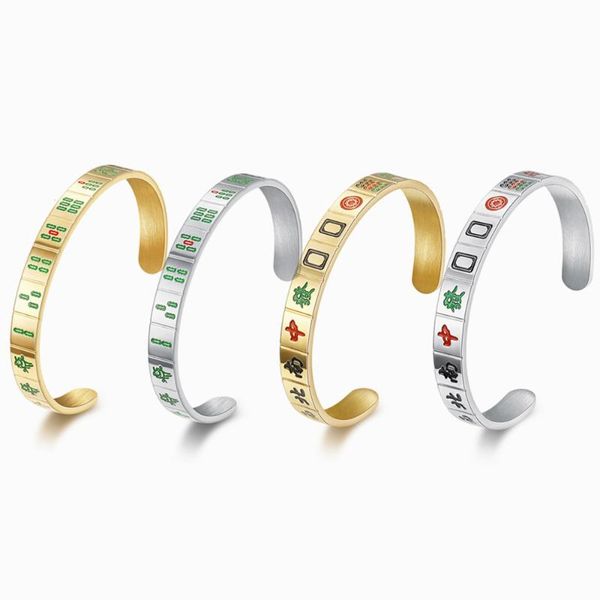 

9mm stainless steel mahjong bangles for men women charm cuff titanium bracelet lovers' vintage jewelry gold silver color, Black