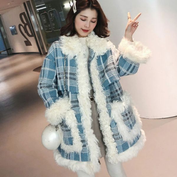 

women's fur & faux women winter warm lamb coat fluffy plaid woolen jacket parkas, Black