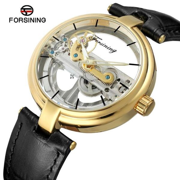 

forsining golden bridge watch men auto mechanical transparent case genuine leather strap fashion couple clock, Slivery;brown