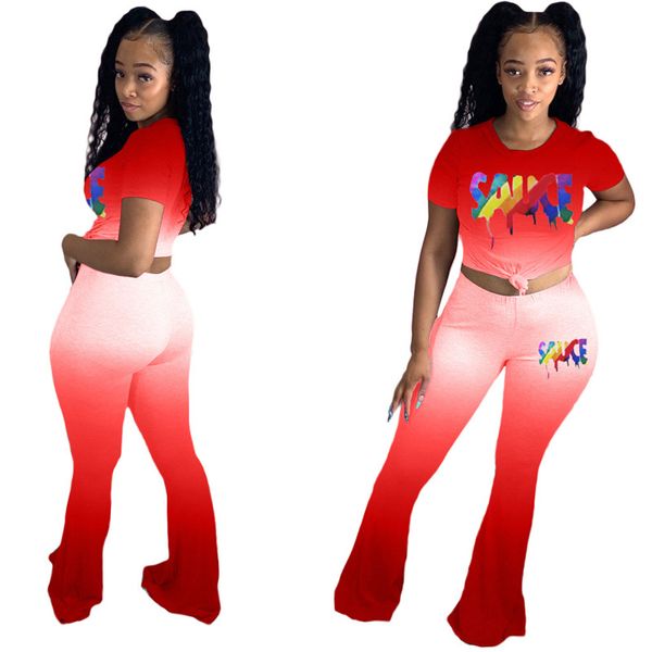 

fashion gradient color short sleeve o neck flared trousers two piece set new women letters clothing casual spring summer women tracksuits, Gray