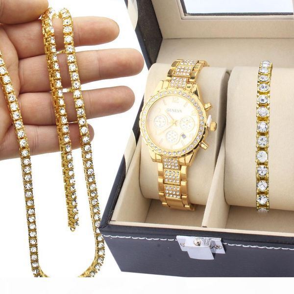 

3шт set hip hop iced out имитация алмазный часы 1 ряд алмазный камень цепи мужчины часы ожерелье и браслет combo set, Silver