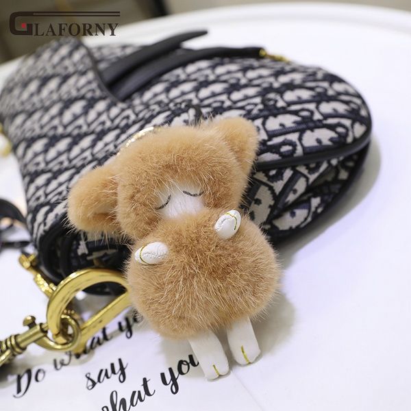 

2019 glaforny mink hair keychain cute lamb fur key chain bag pendant sleep sheep car key ring ornament, Slivery;golden