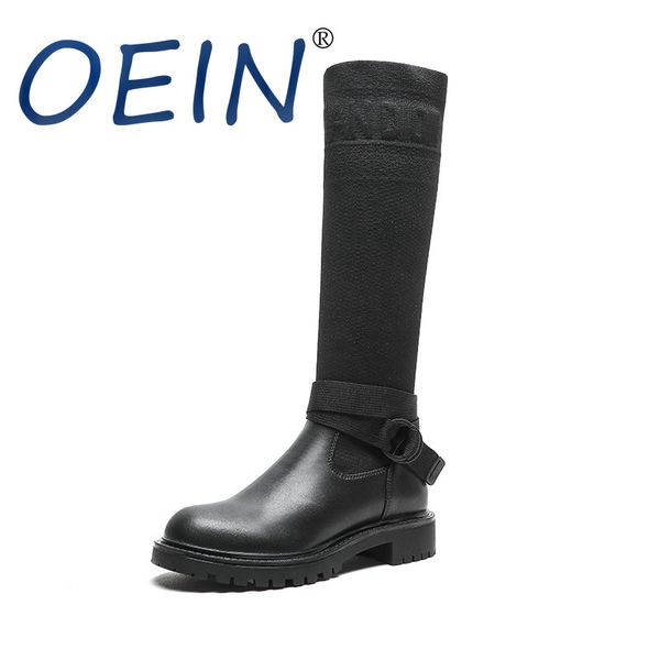 

oein boots for women over the knee boots genuine leather breathable flying weave winter chunky high heel slip-on shoes new, Black