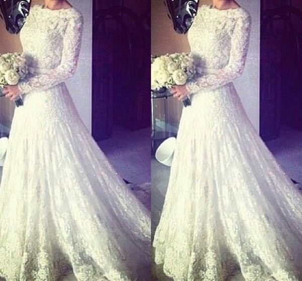 

Muslim Wedding Dresses Cheap Sexy A Line Crew Long Sleeve Applique Pleats Sweep Train with Sash White Lace Formal Bridal Gowns