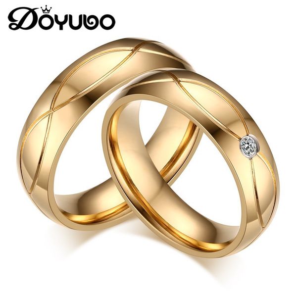 

doyubo gold color lover's titanium steel rings with white cubic zirconia couples finger rings engraved logo df027, Golden;silver