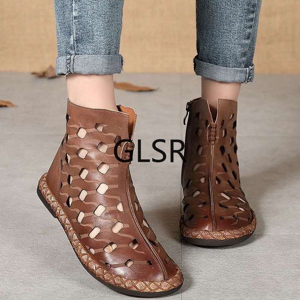 

2020 new arrival roman women sandals cut outs gladiator low heels ankle cool boots genuine leather ladies summer shoes, Black