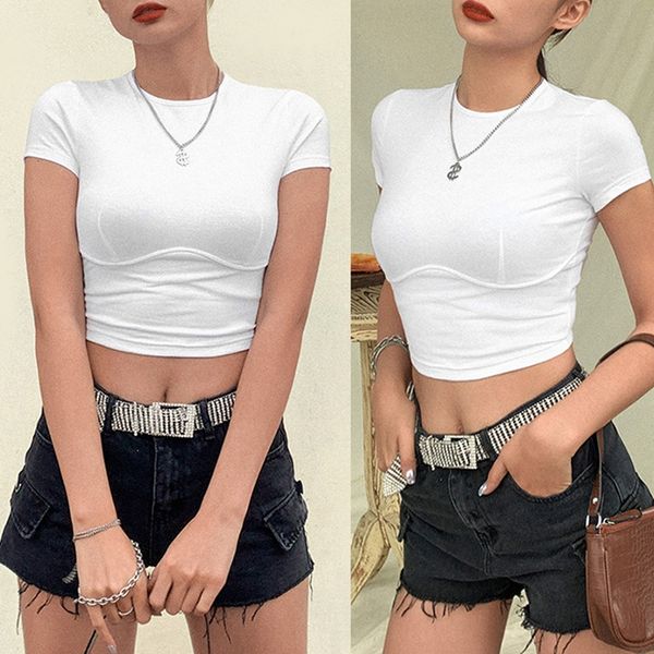 

women's t-shirt round neck short sleeve slim show navel all-around bottom solid for women, White