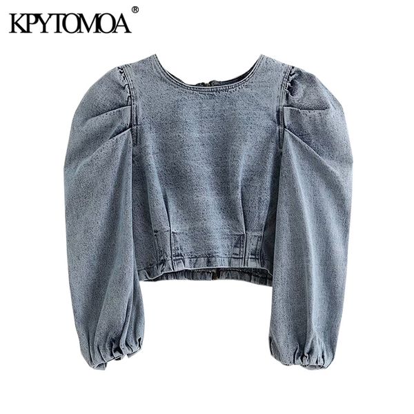 

vintage stylish short style pleated denim blouses women 2020 fashion back zipper puff sleeve shirts chic crop blusas mujer, White