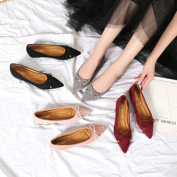 

2020pointed flats brand ladies shoes sweet bowtied flock loafers women shallow single shoes all-match cozy soft bottom mocasines, Black