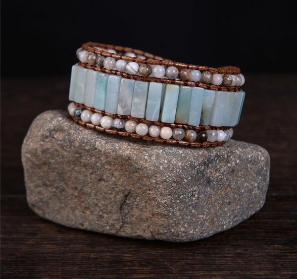 

bohemia bracelet amazonite single vintage leather wrap bracelet semi precious stone beaded cuff bracelet women s gift002, Golden;silver