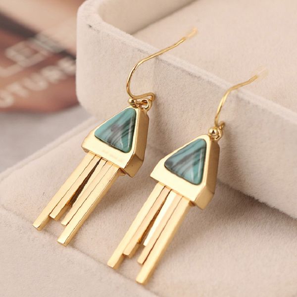 

trendy triangle natural stone tassel drop earrings geometric dangle earrings for women girls fashion party jewelry vintage earring, Silver