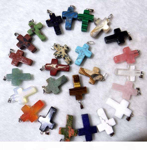 

wholesale natural stone quartz crystal tiger eye opalite unakite mix onyx charms cross pendants for jewelry making necklace 12pc, Silver