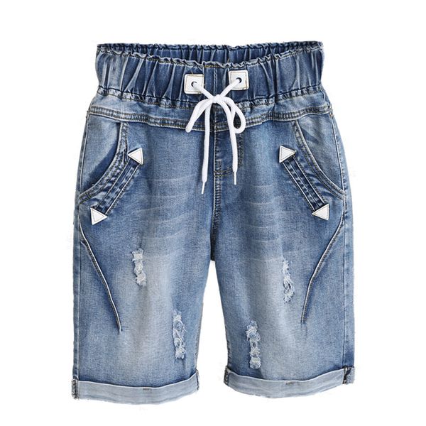 

plus size 4xl 5xl capris lace up denim jeans woman summer midi harem pants trousers women stretch ripped jeans for women c3200, Blue