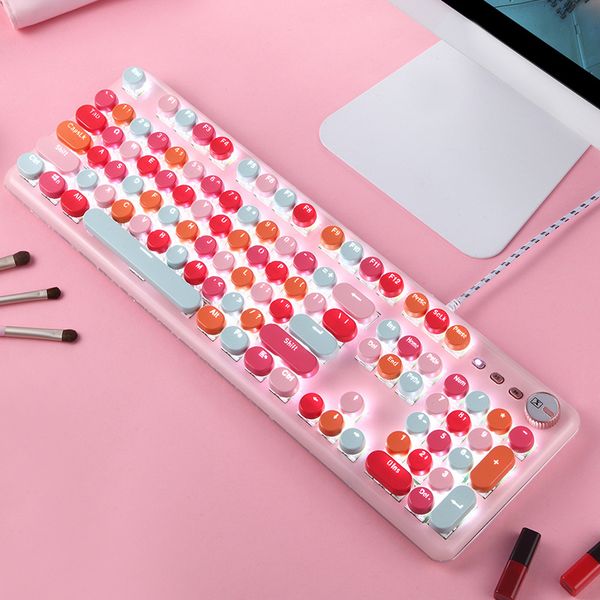 

keyboards girls gift mechanical keyboard with green switch round punk keycap wired usb lipstick color office