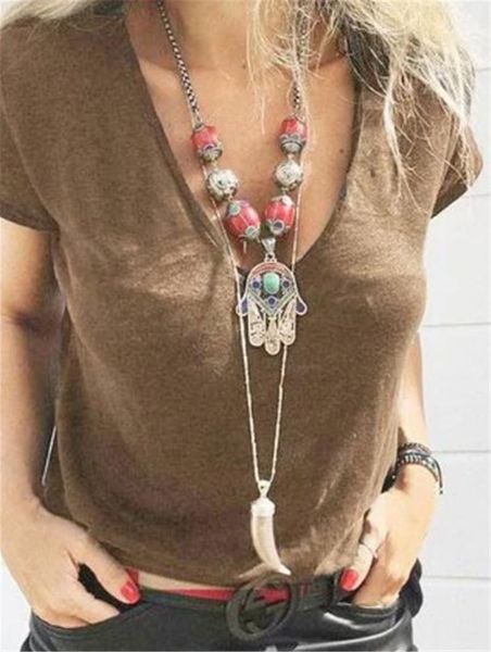 

color deep vneck causal fashion slim simplicity womens clothing summer women designer short tshirt soild, White