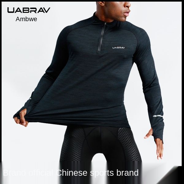 

outdoor t-shirts uabrav sports fitness men's long-sleeved basketball training running quick drying clothes high collar zipper athletic, Gray;blue