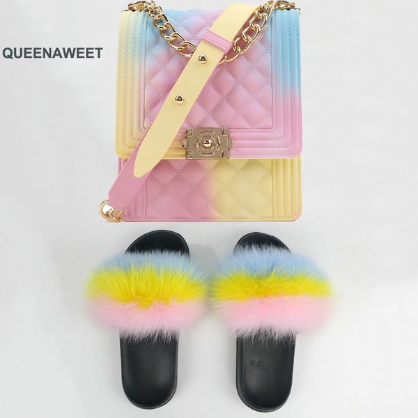 

womans candy crossbody purse women's fur slides rainbow colorful jelly shoulder bag shoes sets female fluffy furry slippers, Black