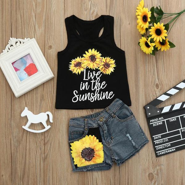 

toddler letter print vest t-shirt floral denim shorts outfit set sun flowers baby girls clothes august 11, White