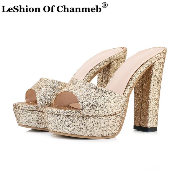 

chunky heels slipper for women ladies glitter bling bling party wedding shoes bride woman platforms slides size 33-50 shoes, Black