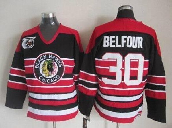 

wholesale factory mens chicago blackhawks 75th anniversary jerseys #30 ed belfour red ccm vintage ice hockey jersey custom name number, Black;red