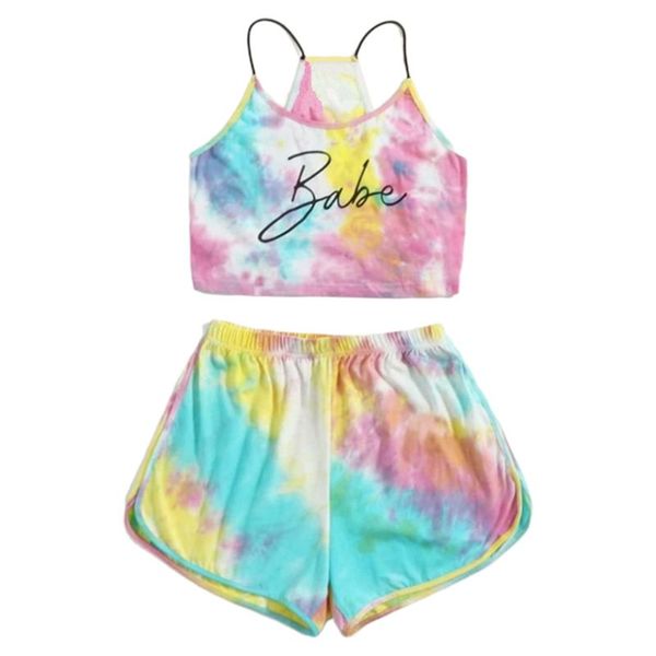 

women tie-dye letter 2 piece set gradient rainbow cami crop shorts tracksuit, Gray