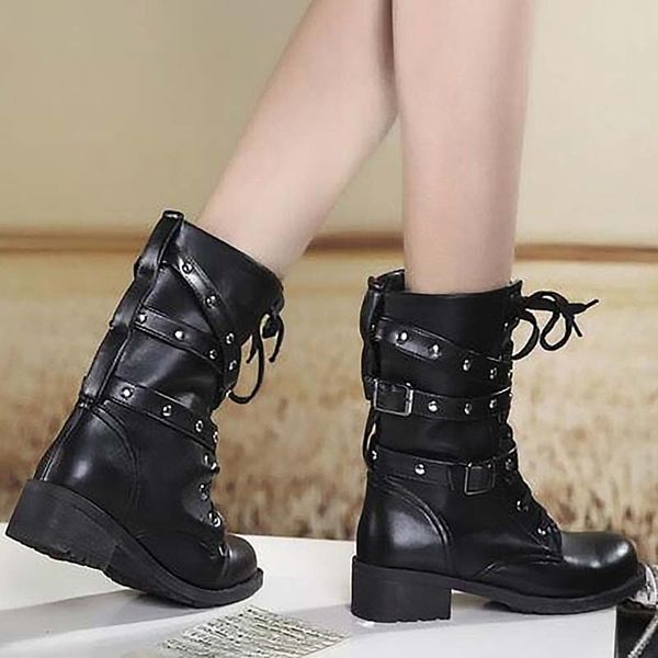 

women ankle boots women's fashion shoes woman leather lace up ladies chunky heels black female punk rome footwear
