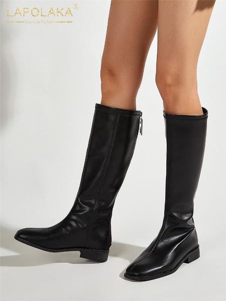 

lapolaka new fashion split leather boots woman shoes chunky heels zip up comfortable concise spring boots, Black