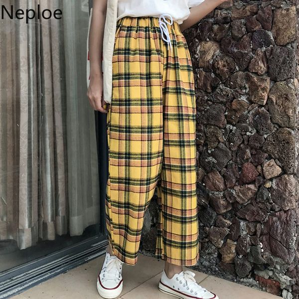 

neploe vintage plaid pants women loose lace up elastic waist straight ladies trousers casual wide leg ankle lenght pants 1c815 cx200807, Black;white