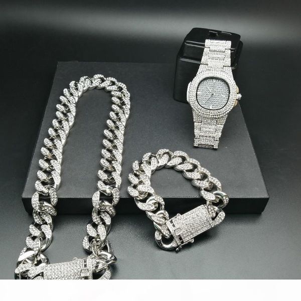 

2см hip hop gold color iced out кристалл майами кубинский цепи золото серебро мужские часы ожерелье браслет hip hop king new, Silver