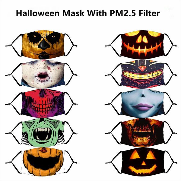 Хэллоуин маски Многоразовые 3D Картина тыквы Grimace Cotton маска многоразового Protective PM2.5 Угольные фильтры Маски Washable для взрослых Дети Face