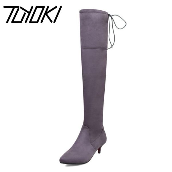 

boots tuyoki plus size 33-48 women over knee pointed toe low heels shoes winter daily warm thigh high woman, Black