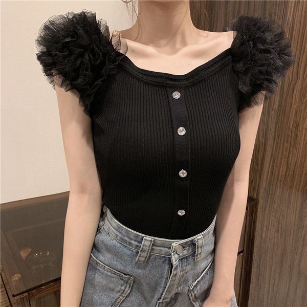 

women's t-shirt short sleeve patchwork ruffles mesh sweet knitted girls slash neck slim stretchy tshirts for female, White
