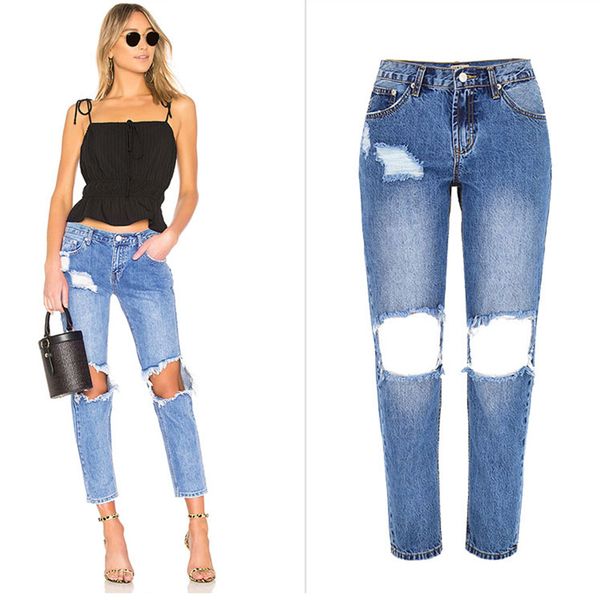 

women casual jeans low waist hole ripped destroy jeans pants women, Blue