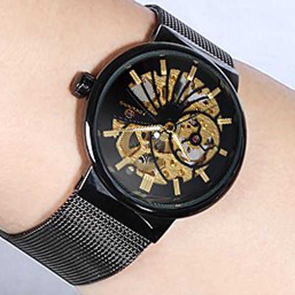 

ultra thin men's watches 3d hollow design transparent case skeleton watch stainless steel mesh strap mechanical hand wind clocks, Slivery;brown