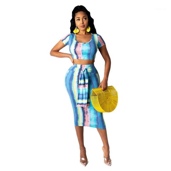 

short slim skirt two piece suits women summer sets with sashes womens designer striped two piece dress casual u neck, White