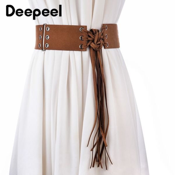

deepeel 1pc 6*145cm elegant female suede wide cummerbunds adjustable retro tassel metal hole splice solid girdle for dress cb613, Black;brown