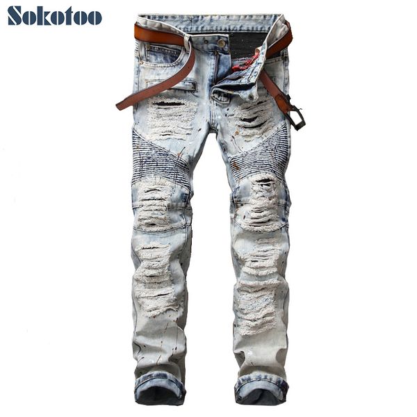 

sokotoo men's casual painted holes ripped biker jeans for moto vintage light blue slim straight denim pants long trousers