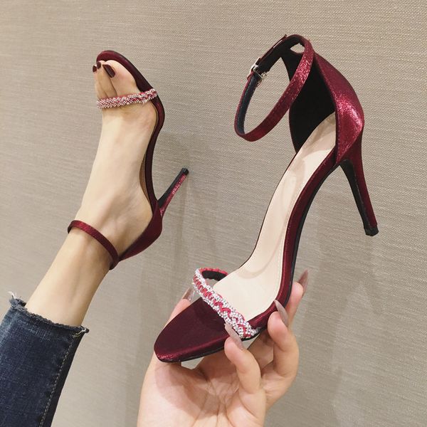 

2020 summer fashion women sandals one word buckle high-heel ankle stap fairy crystal sandals heels, Black